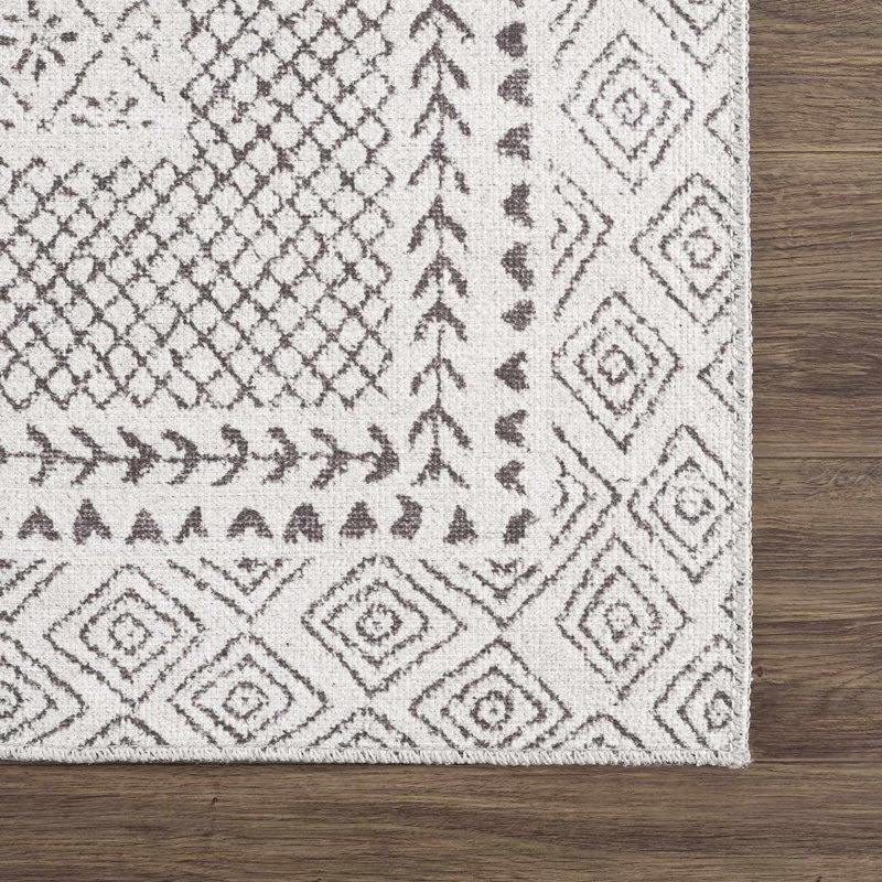Marvina Machine Washable Moroccan Black and White Area Rug, Rectangle 5'3" x 7'3"