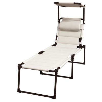 Outsunny Outdoor Lounge Chair, Adjustable Backrest Folding Chaise Lounge, Cushioned Tanning Chair W/Sunshade Roof & Pillow Headrest For Beach, Camping, Hiking