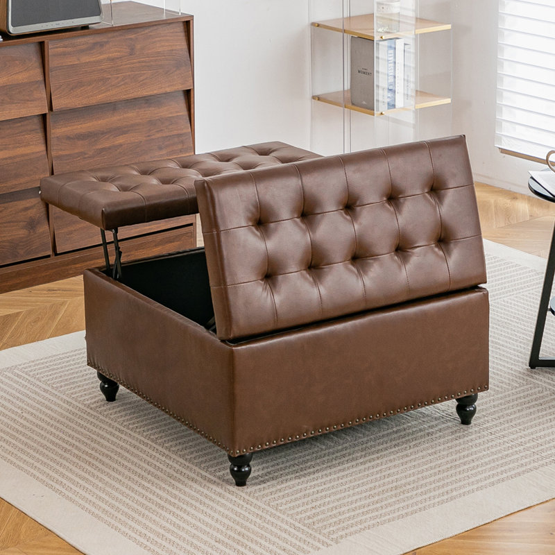 81.5cm Wide Faux Leather Tufted Square Cocktail Ottoman with Storage