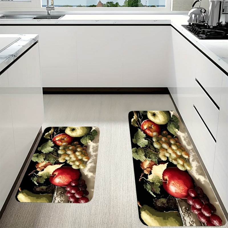 Ensemble de 2 tapis de cuisine noirs à motif de fruits noirs