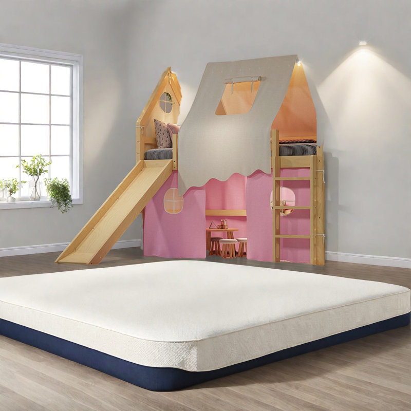 Lit mezzanine simple Chic avec glissoire, rangement et tente