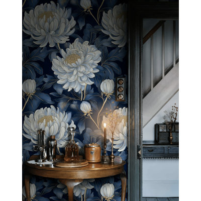 Blue Chrysanthemum Floral Wallpaper, Navy and Gold Botanical Wall Mural Decor