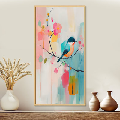 «Blue Pink Little Songbird in Pastel Cherry Blossom - Blue Botanical Large Wall Art, Nature», reproduction d'art sur toile encadrée