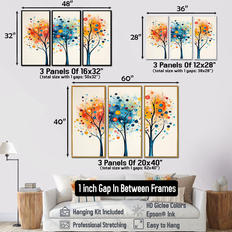 5 saisons, orange et bleu, arbre, reflets III, ensemble d'art mural abstrait Mid-Century, Toile avec cadre flottant noir