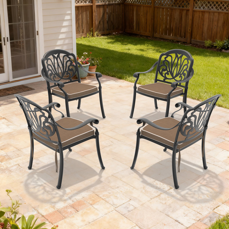 Cast Aluminum Patio Dining Chair Set Of 4 With Elegant Carved Design And Comfortable Cushions For Outdoor Relaxation, 4