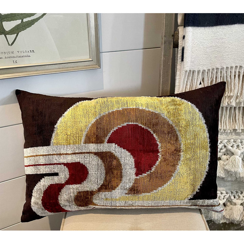 Velvet Lumbar Throw Pillow, Green/Beige Ikat