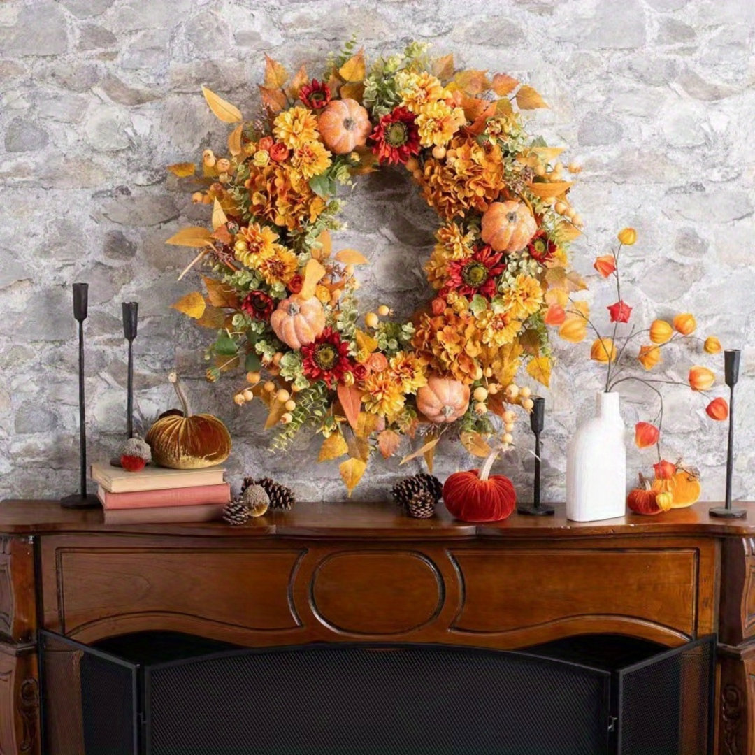 Artificial Fall Wreath for Front Door, 45cm Fall Decor Autumn Wreath Artificial Fall Harvest Wreath Autumn Maples Leaf Pumpkin Pine Cone Berry Wreath