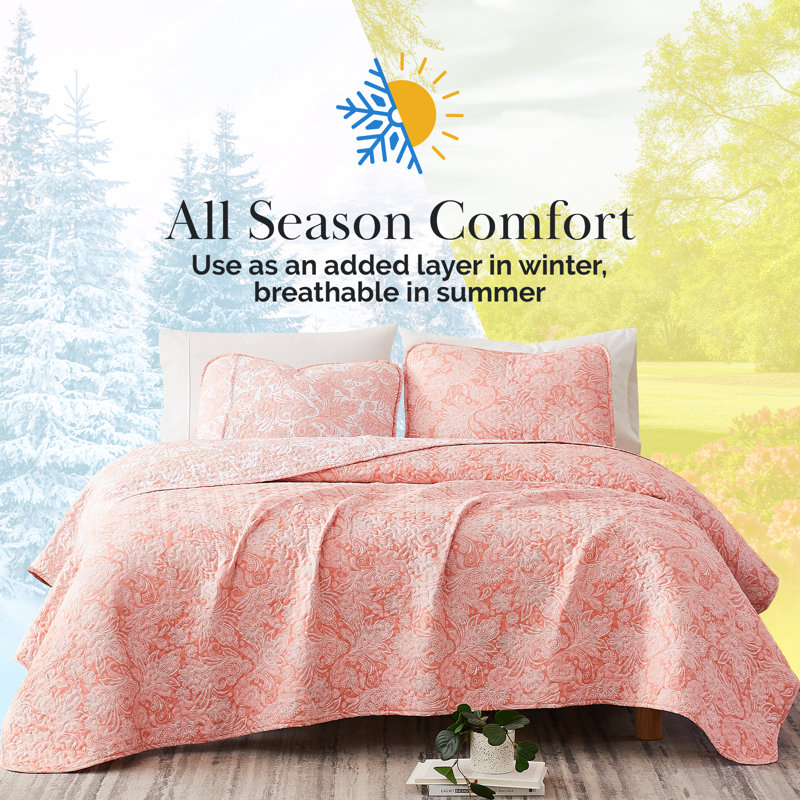 Ensemble de courtepointe réversible moderne et contemporaine en microfibre Paisley, Corail