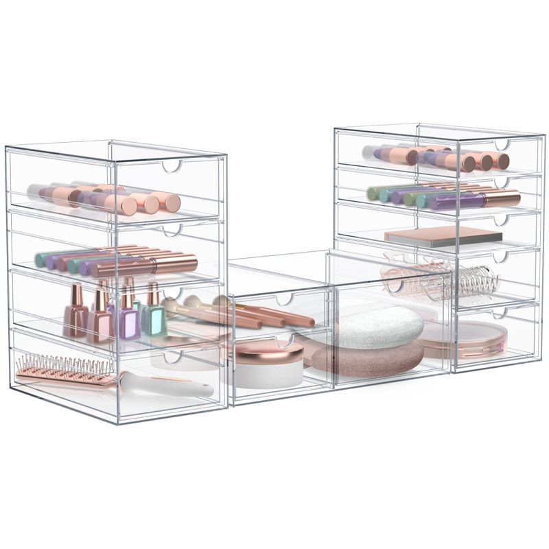 Ensemble de 3 organisateurs de maquillage transparents en acrylique 3 tiroirs empilables