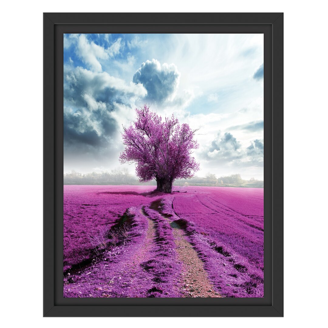 Gerahmtes Wandbild Pinkes Feld mit pinkem Baum