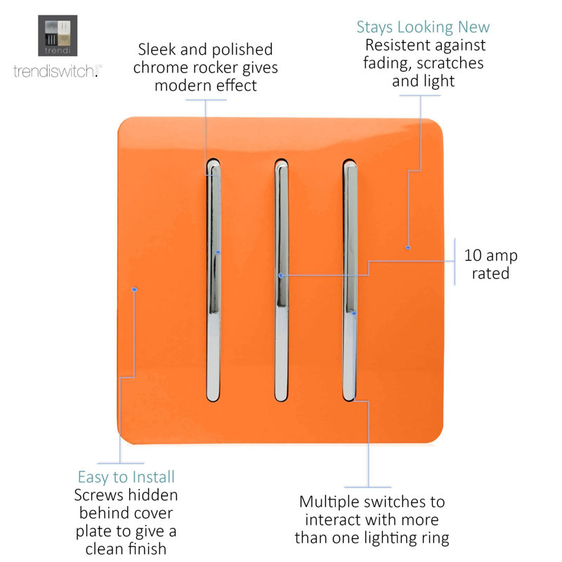 Trendi Switch 3 Gang 1 or 2 way Rocker Light Switch, Orange