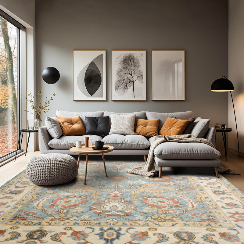 Tapis oriental multicolore en laine tissé à la main bleu, Rectangle l 8 pi x L 10 pi 3 po