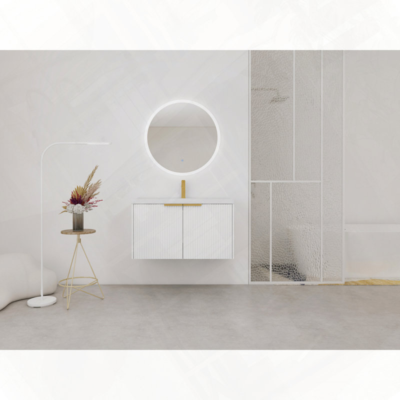Meuble-lavabo mural avec lavabo en résine et deux portes à fermeture en douceur