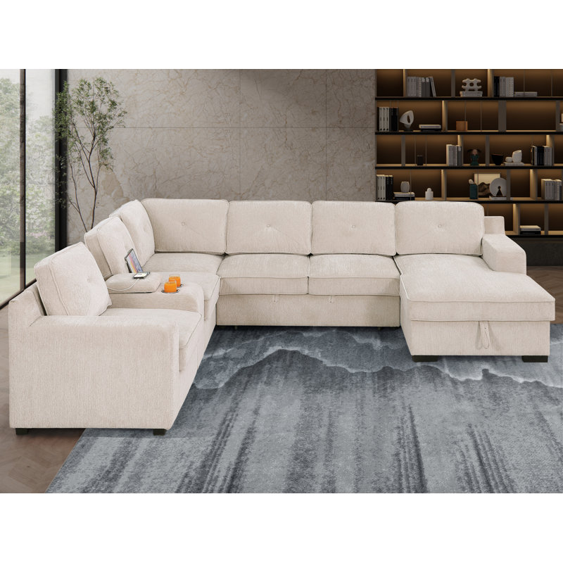 U-Shaped Upholstered Sectional with Sleeper Sofa, Console with USB & Chaise, Beige Chenille