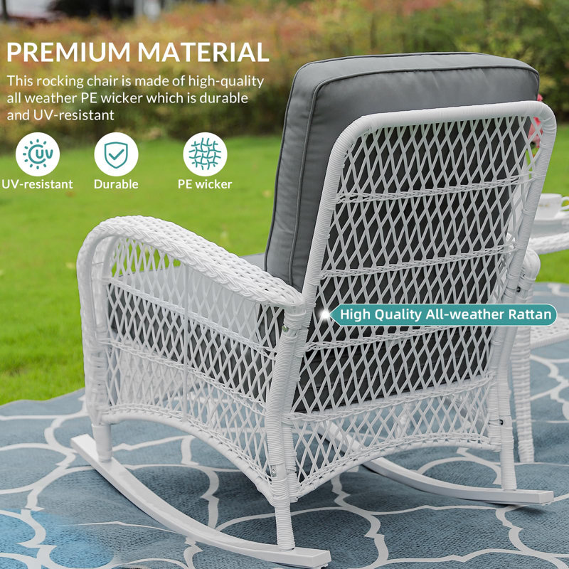 White Wicker Outdoor Rocking Chairs with Gray Cushions, Set of 2