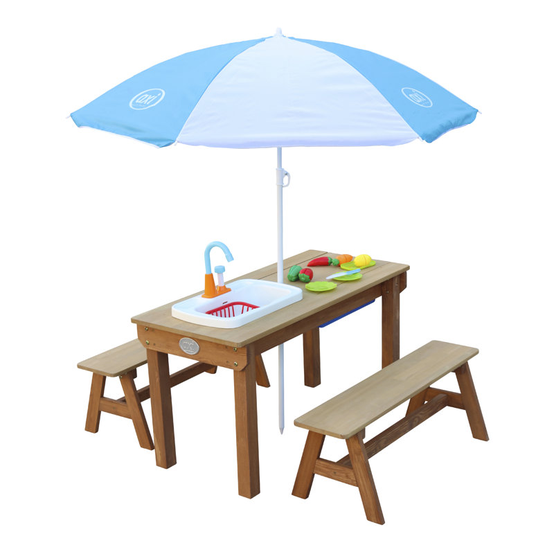 Dennis water Picnic Table with Play Kitchen Sink And Benches Brown/Parasol Blue/White Kitchen Set and Sand