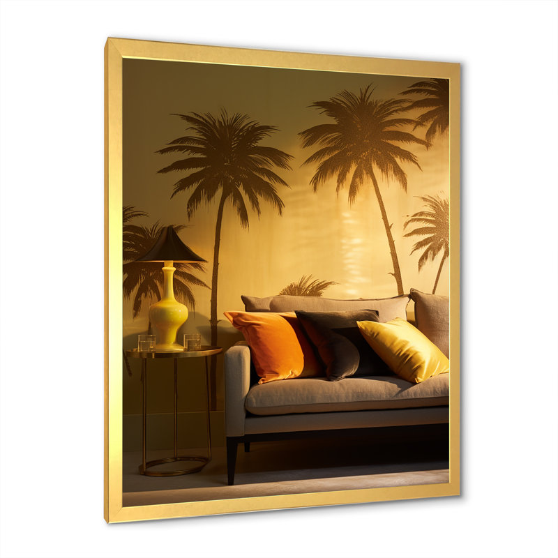 Golden Grove Palm Tree Shadows II sur toile, Encadrement doré, H 32 po x l 24 po x P 1 po