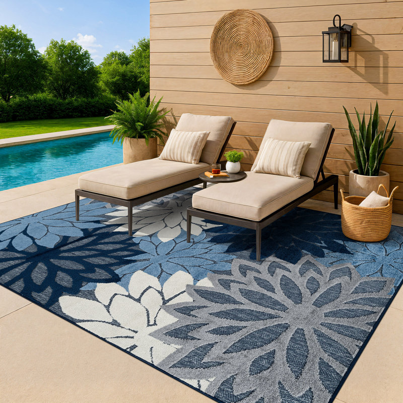 Floral Navy/Ivory Indoor/Outdoor High-Low Area Rug, Rectangle 6'7" x 9', Navy
