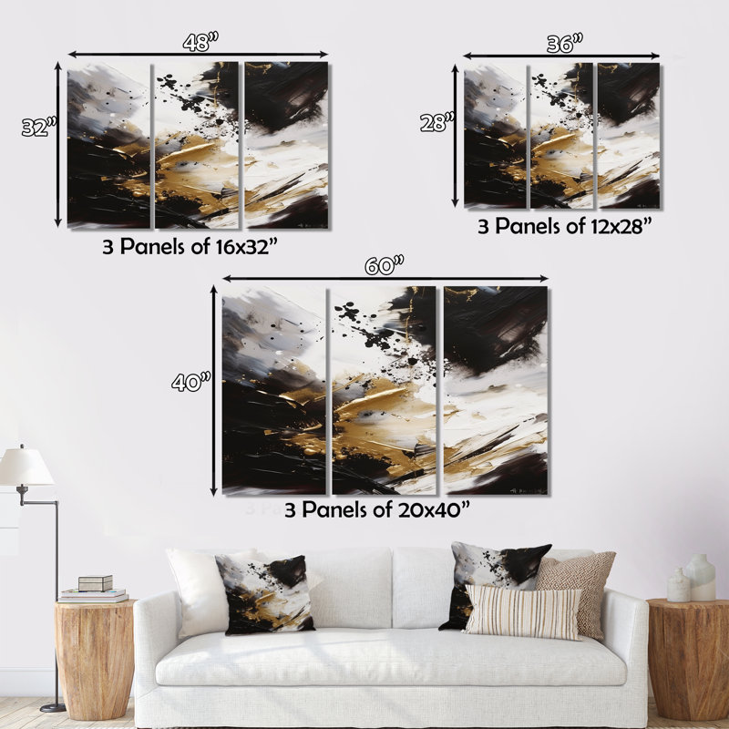 River Happiness Abstrait doré noir blanc III 3 pièces, H 28 po x l 36 po x P 1 po