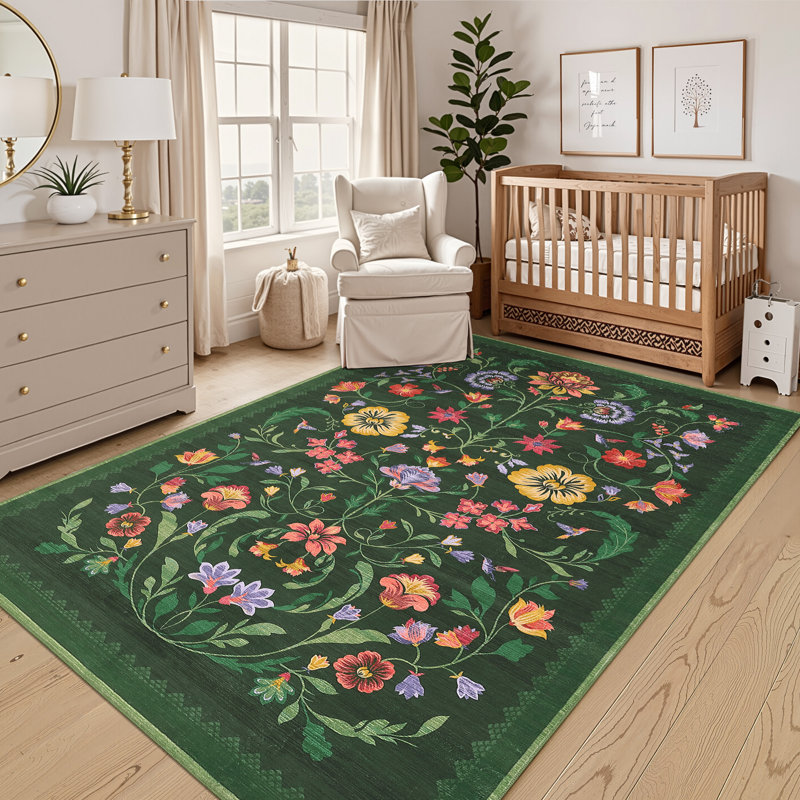 Floral Machine Washable Rug Non-Slip Farmhouse Floor Cover, Stain-Resistant Low Pile Indoor Carpet Mat for Living Room