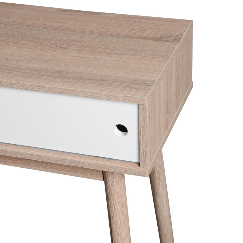 Table d'entrée avec 2 portes coulissantes blanches, console avec espace de rangement et pieds en bois, table de canapé derrière le canapé