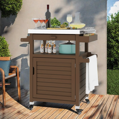 Ebern Designs Outdoor Storage Cabinet Wooden Movable Patio Table with Lockable Wheels by Ebern Designs