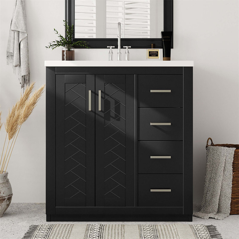 30" Retro Style Bathroom Vanity with Ceramic Sink, Solid Wood Frame, Ample Storage, and Soft-Closing Doors, Black