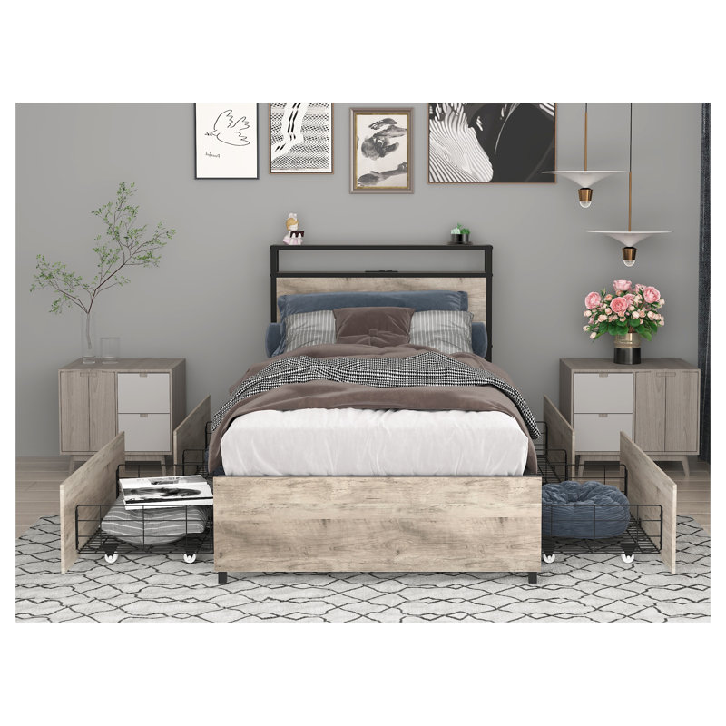 Twin Bed Frame with Storage Headboard and Charging Station