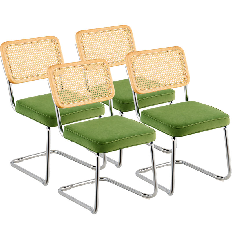 Green Velvet Upholstered Dining Chairs with Rattan Back, Set of 4