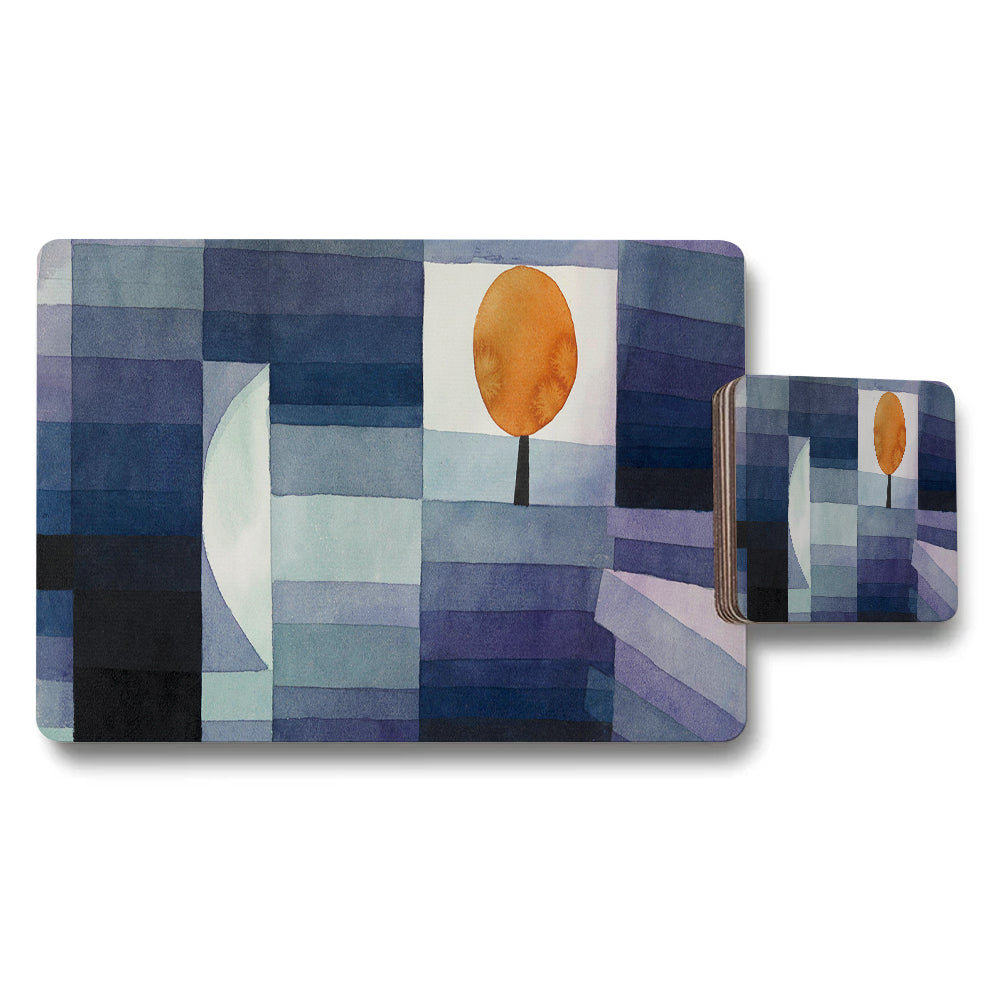 Abstract Geometric Blue Placemat And Coaster Set With Orange Sun