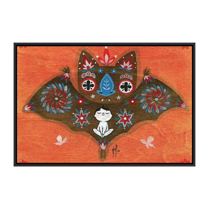 «Folk Blessings - Bat» par Martin Hsu - reproduction d'art, H 40 po x l 60 po x 1,5 po, Toile avec cadre noir, Pas de tapis