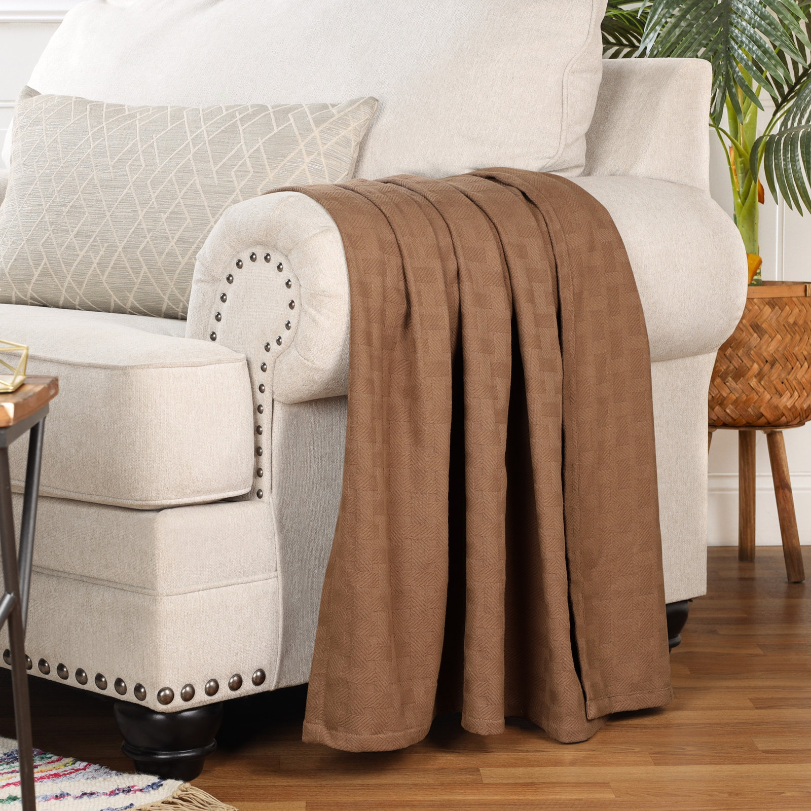 Bertie Cotton Machine Woven Throw Blanket, Taupe, King