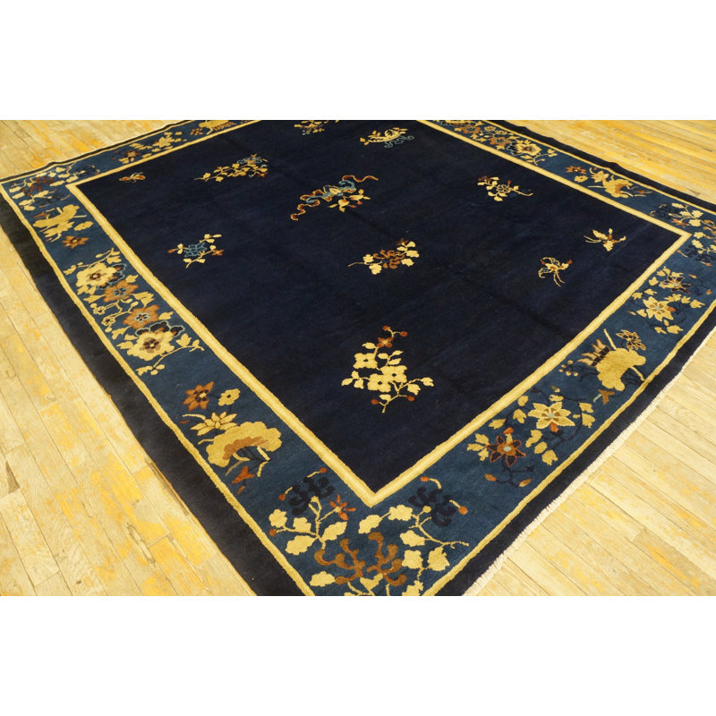 Antique Navy Blue Allover Floral Chinese Square Room Size Peking Rug