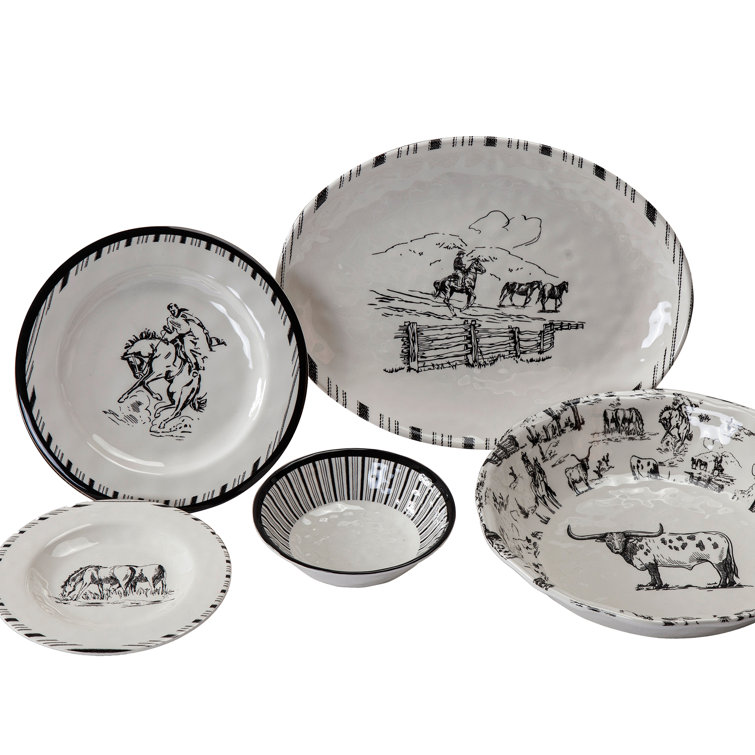 Country Grace Farmhouse Botanical Black and White Melamine Dinnerware  Collection