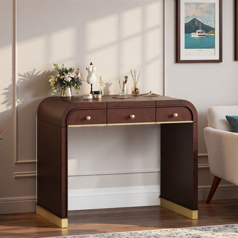 3-in-1 Vanity Desk With Flip Mirror, 2 Drawers, Gold Metal Accents And Storage Space, Espresso