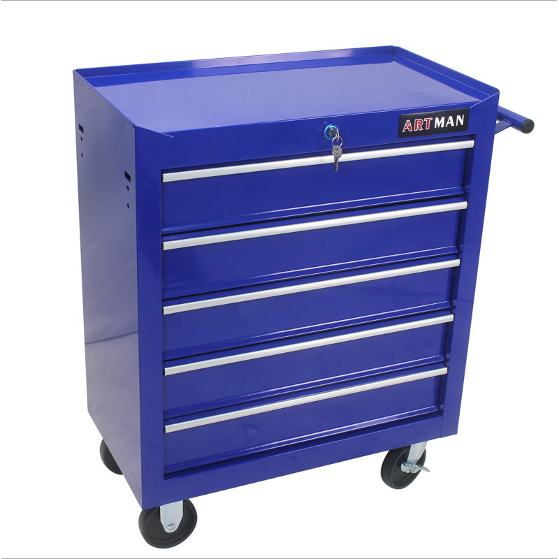 Coffre à outils à 5 tiroirs, armoire de rangement pour outils pour le garage avec 4 roues et système de verrouillage, Bleu