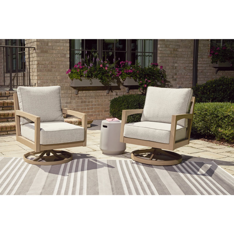 Blond Wood Outdoor Swivel Lounge Chair with Cushions
