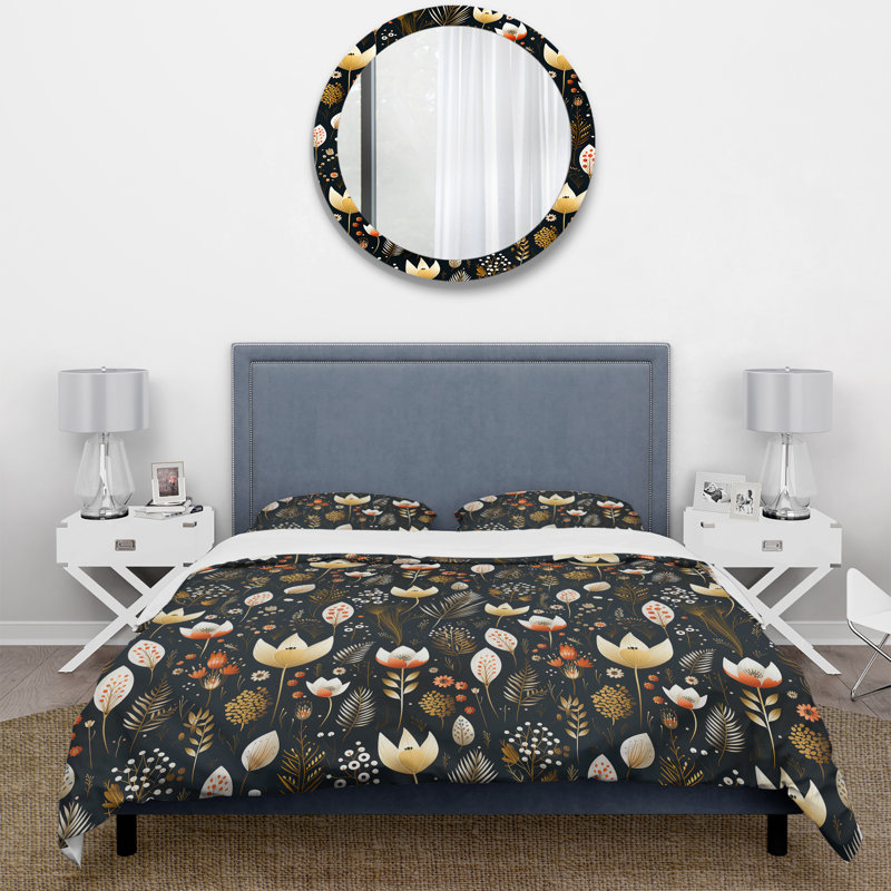 Cottage Elegant Black Plants Meadows II - Ensemble de housse de couette à motif floral