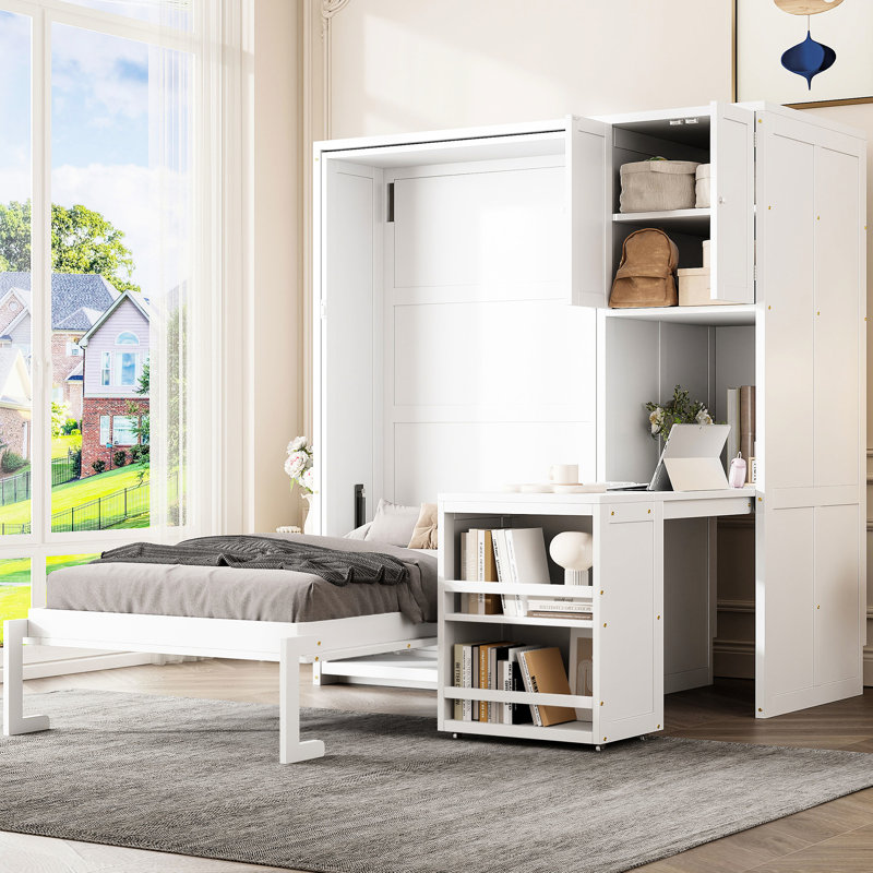 Lit escamotable mural simple en blanc, conception peu encombrante avec armoire supérieure, bureau extensible et tablettes latérales, fabrication durable