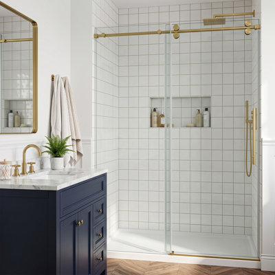 68"-73" W x 79" H Frameless Single Sliding Shower Door, 3/8" (10mm) Tempered Glass with Shatter-Resistant Film, Quiet Stainless Steel Rollers, Round Tube Hardware