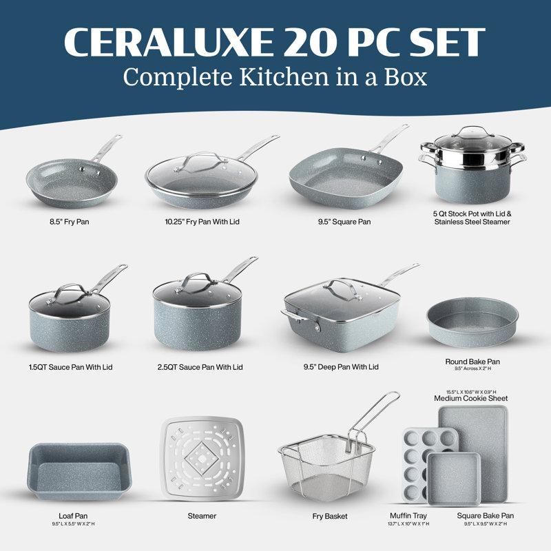 Granitestone Ceraluxe 20 Piece Grey Ceramic Nonstick Cookware And Bakeware Set, Gray