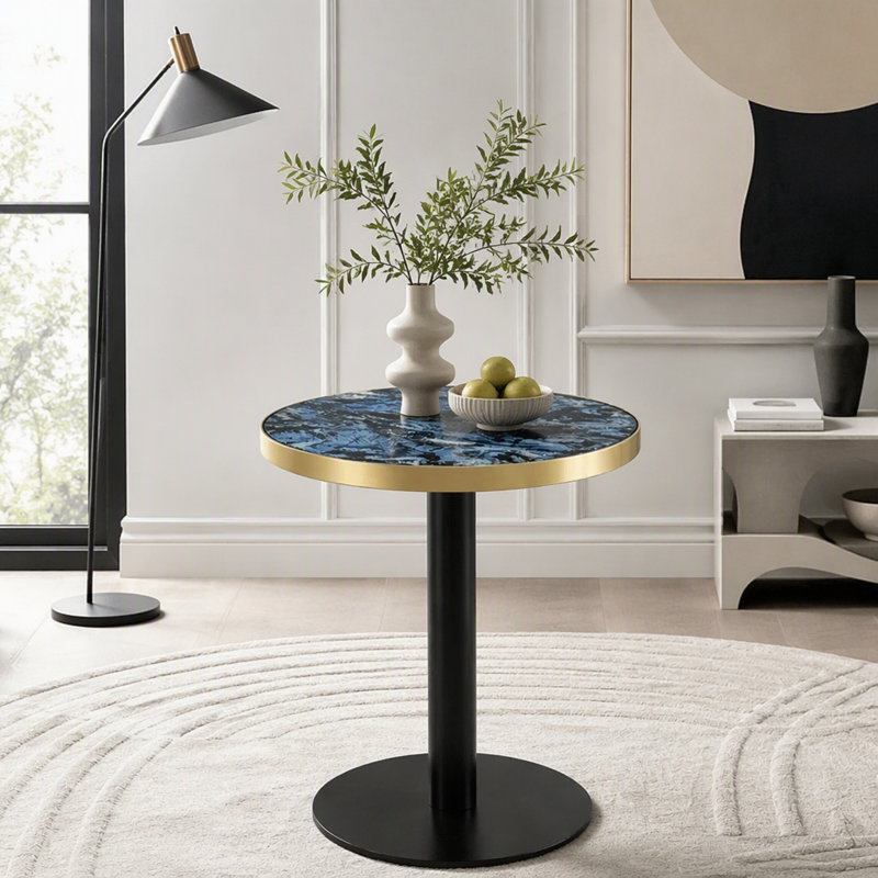 Table bistro ronde de 23,6 pouces avec bordure en acier inoxydable, Black,Gold+Blue