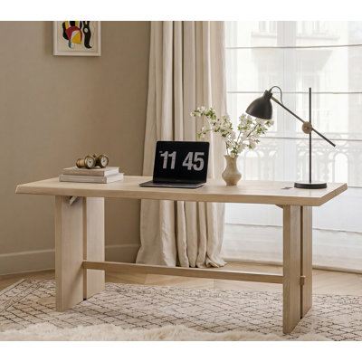  67 Inch Home Office Writing Desk, Solid Wood Veneer Top, Stable Wooden Computer Desk With Black Bow Accent, Easy Assembly Workstation For Study & Bedroom