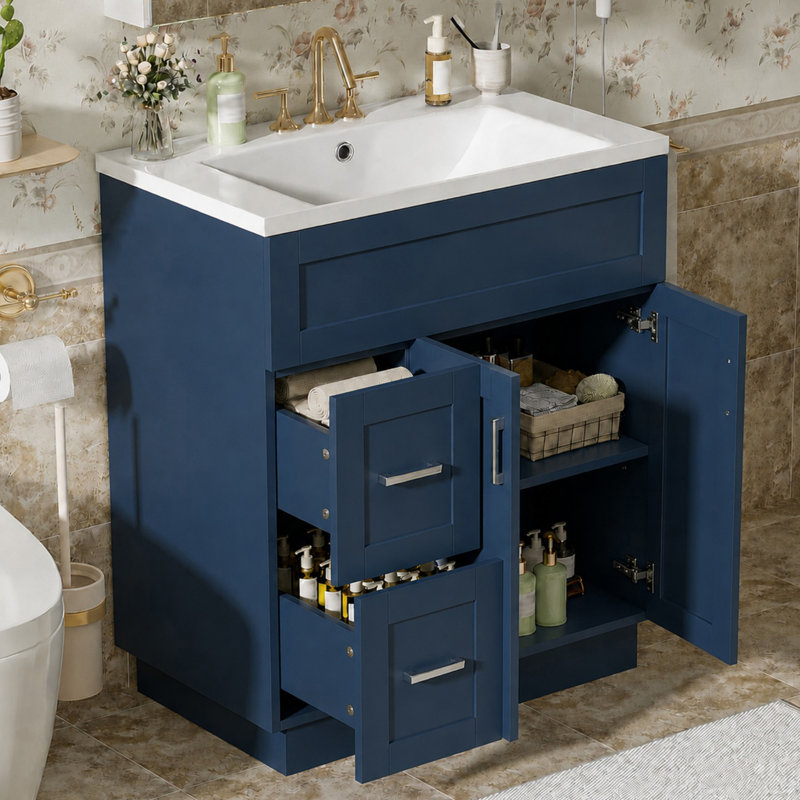 Meuble-lavabo de style campagnard de 76 cm avec lavabo en céramique, Blue