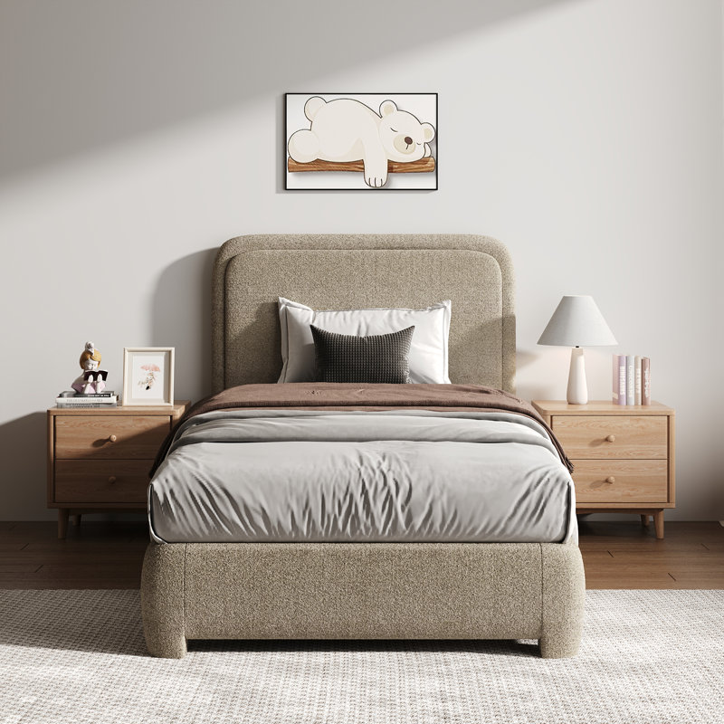 Lit plateforme tapissier Bensu Boucle, Lit simple, Taupe