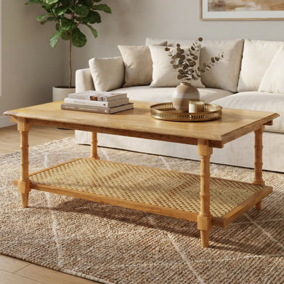 Elegant Tan 24x42x18 Inch Coffee Table with Open Rattan Shelf Storage