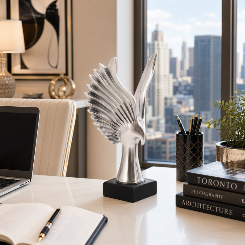 Elegant Eagle Wing Resin Sculpture Decorative Object for Living Room Decorations - Modern Figurine Accent for Office or Home Tabletop Decor - Silver
