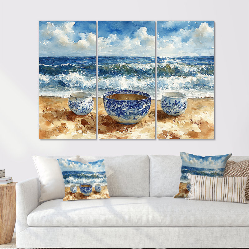 Poterie de plage dans des tons bleus et blancs - Ensemble de décorations murales de plage, H 28 po x l 36 po x P 1 po