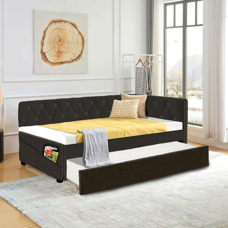 Upholstered Twin Size Daybed With Trundle, Velvet Fabric, No Box Spring Required, Comfortable And Simple Design Models