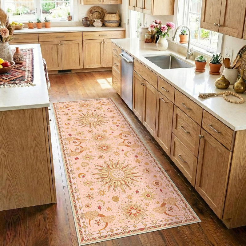 2X6 Area Rugs, Washable Vacuum-Friendly Non-Slip Rug Vintage Boho Sun And Moon Printed Pattern Low Pile Carpet For Living Room Bedroom Dining Room Hallway Entryway,Pink Gold Beige Red